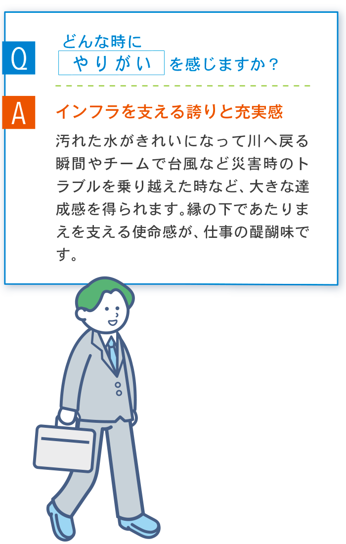 Q どんな時にやりがいを感じますか？ A インフラを支える誇りと充実感 汚れた水がきれいになって川へ戻る瞬間やチームで台風など災害時のトラブルを乗り越えた時など、大きな達成感を得られます。縁の下であたりまえを支える使命感が、仕事の醍醐味です。